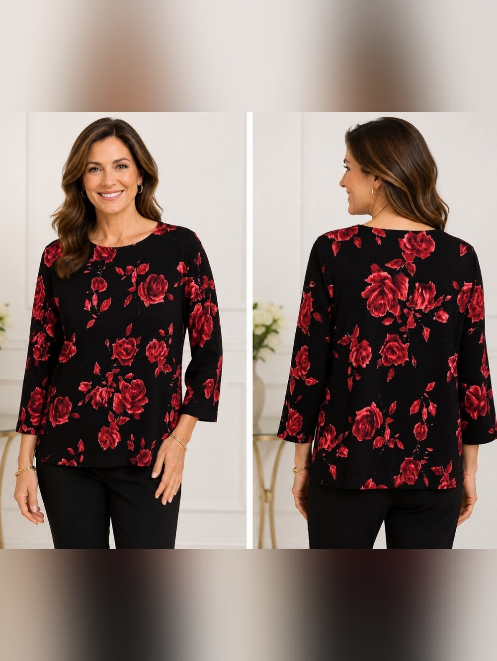 Talbots Petite Red & Black Floral Pure Merino Wool 3/4 Sleeve Top #W-875